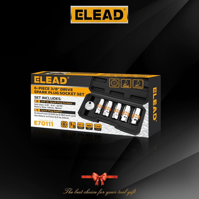 ELEAD 6-Piece 3/8" Drive Spark Plug Socket Set with Spark Plug Gapper, SAE & Metric, 5/8", 3/4", 13/16", 14mm, 18mm, CR-V Sockets with Rubber Holding Rings - Image 2